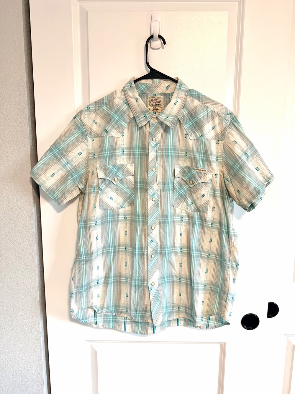 Lucky Brand Short-Sleeve Plaid Button-Down Shirt - Aqua & Beige